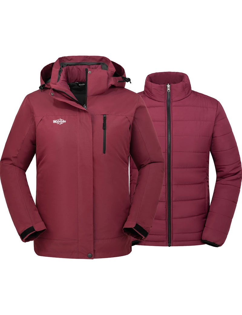 wantdo Women's Snowboarding Coat Windproof Raincoat with Removable Puffer Winter Jacket Wine Red L - Image 1